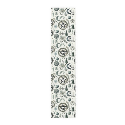 Yule Pagan Christmas Pine Moon Stars Table Runner (Cotton, Poly), Pentagram Nature lover Witch dinner setup holiday home decor gift - sense forest