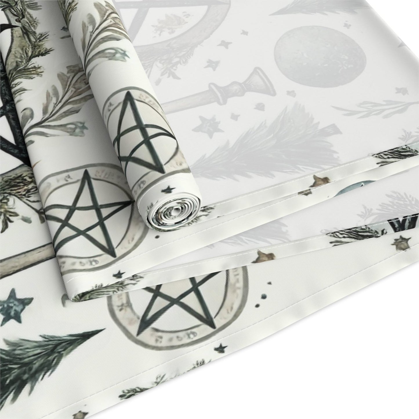Yule Pagan Christmas Pine Moon Stars Table Runner (Cotton, Poly), Pentagram Nature lover Witch dinner setup holiday home decor gift - sense forest