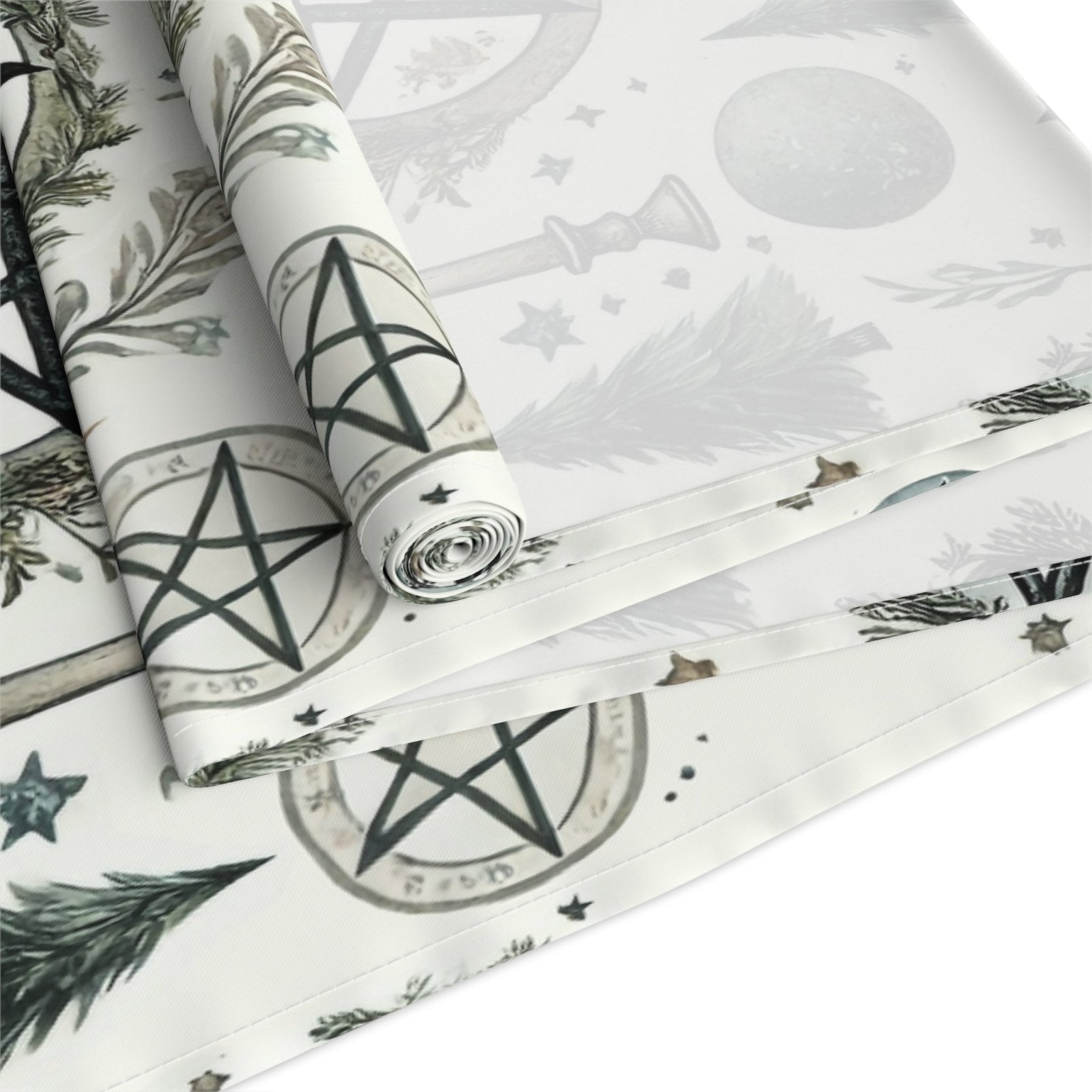 Yule Pagan Christmas Pine Moon Stars Table Runner (Cotton, Poly), Pentagram Nature lover Witch dinner setup holiday home decor gift - sense forest