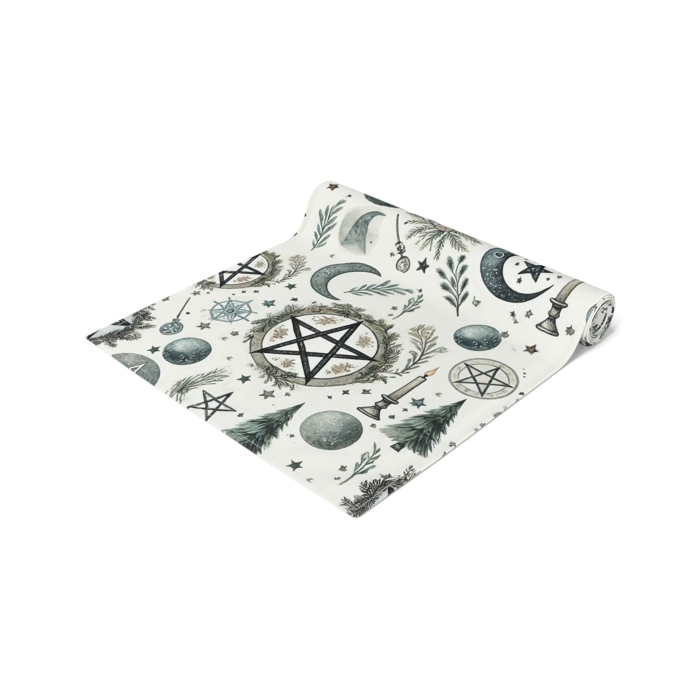 Yule Pagan Christmas Pine Moon Stars Table Runner (Cotton, Poly), Pentagram Nature lover Witch dinner setup holiday home decor gift - sense forest