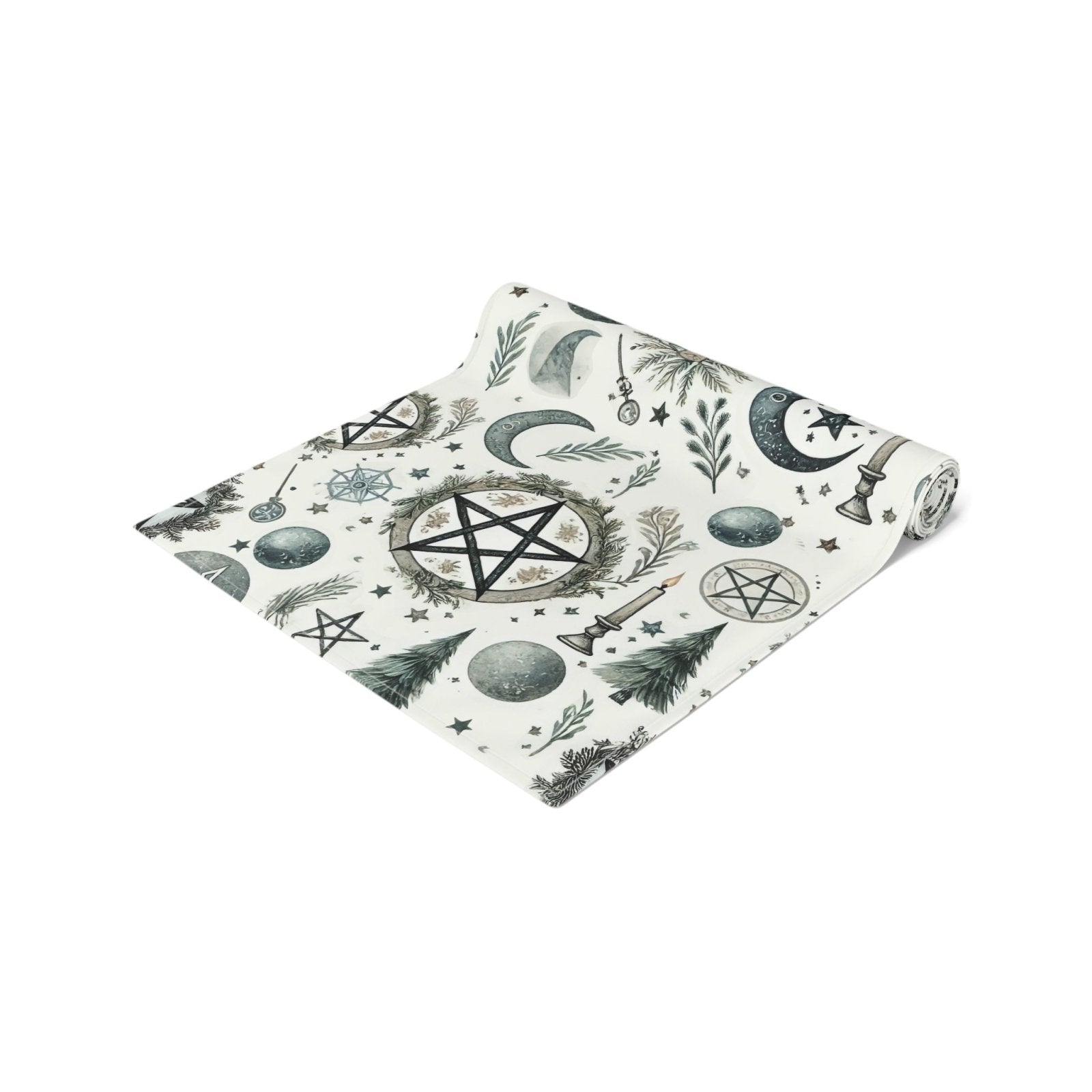 Yule Pagan Christmas Pine Moon Stars Table Runner (Cotton, Poly), Pentagram Nature lover Witch dinner setup holiday home decor gift - sense forest