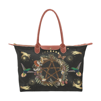 Witchcraft Pentagram brown vegan leather handles Classic fabric zip tote