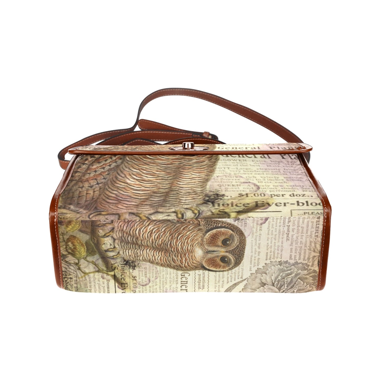 a junk journal style owl bird news print on a boxy canvas satchel bag by sense forest