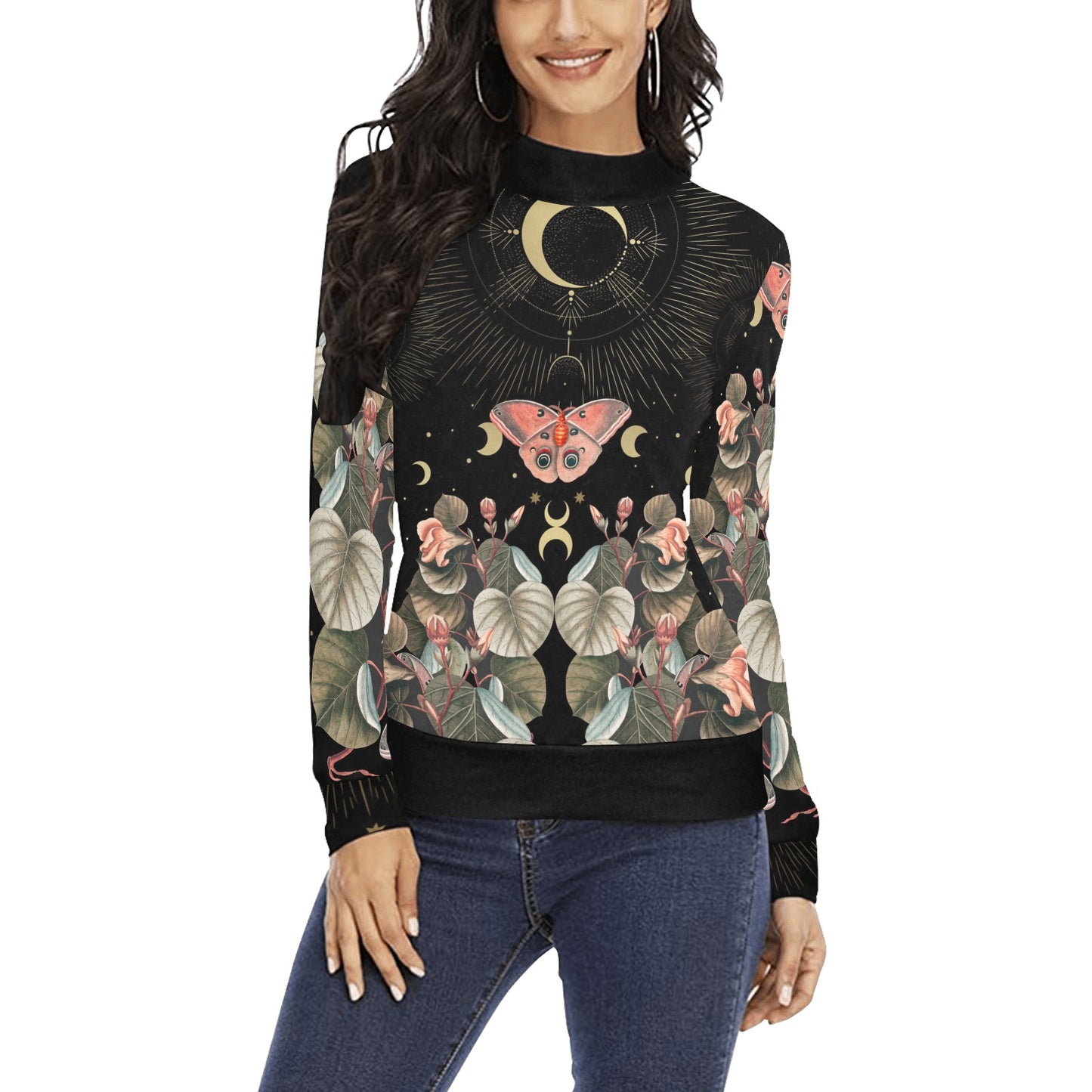 Moon Moth Butterfly Long Sleeves Shirt Women's All Over Print Mock Neck Sweater