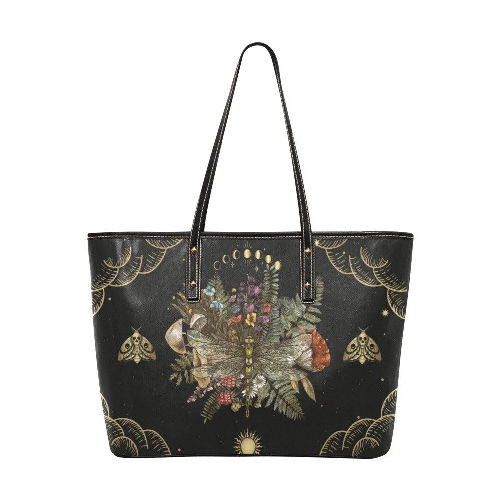 Moon phase dragonfly Vegan Leather zip Top tote Bag