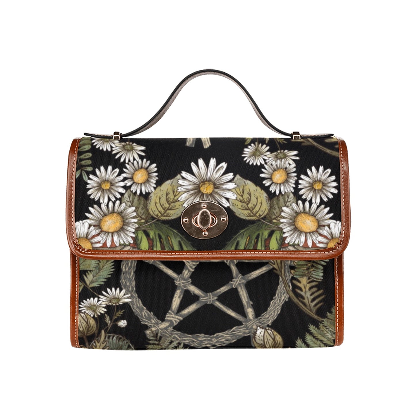 a boxy Daisy Forest Pentagram Witchy canvas satchel bag cottagecore purse by sense forest
