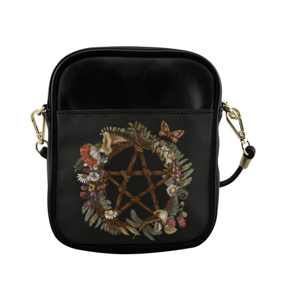 Green witch forest wreath occult pentagram cottagecore mini sling bag