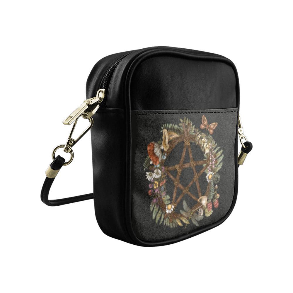 Green witch forest wreath occult pentagram cottagecore mini sling bag