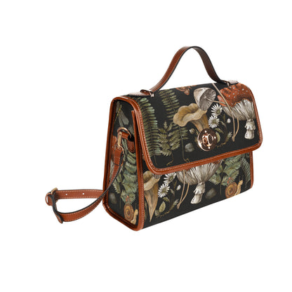 a boxy mushroom fern forest canvas satchel bag for mushroom forager, most popular satchel bag by sense forest