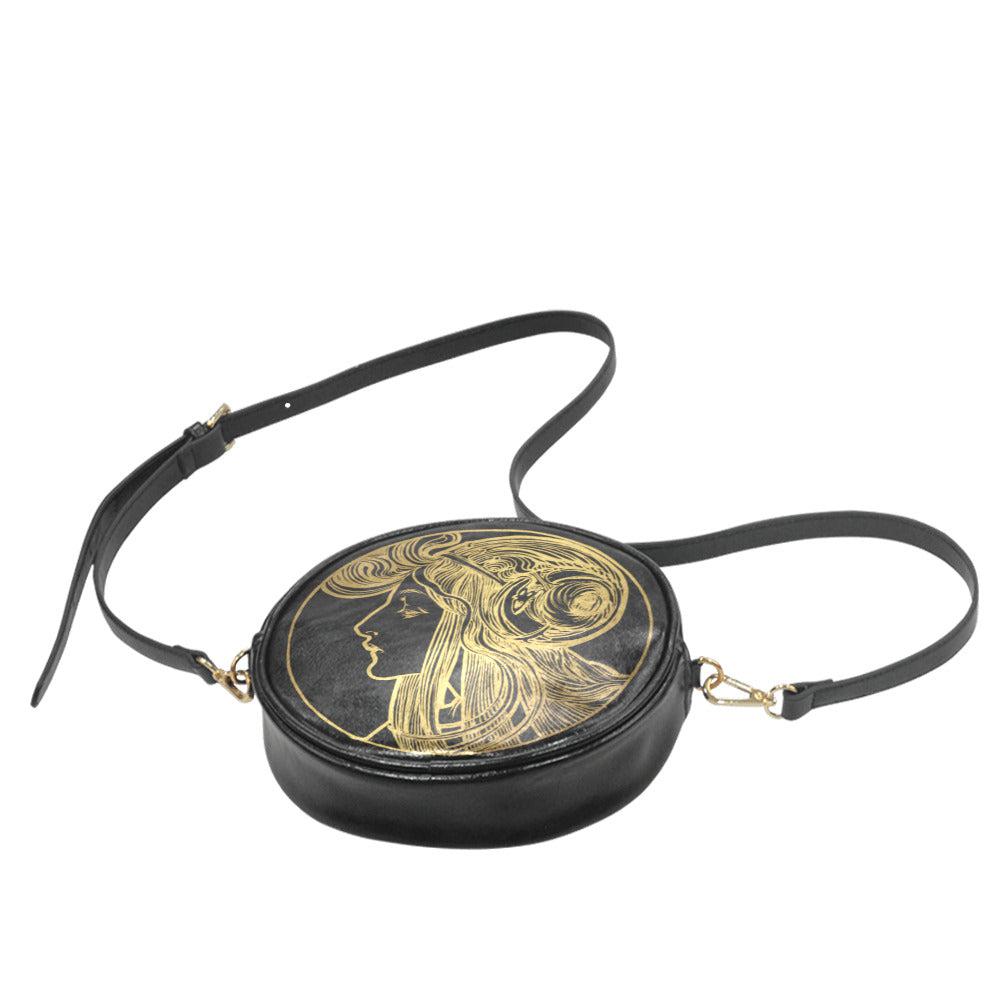 Alphonse Mucha art Boho Black Vegan leather 8 inches Round Sling handbag