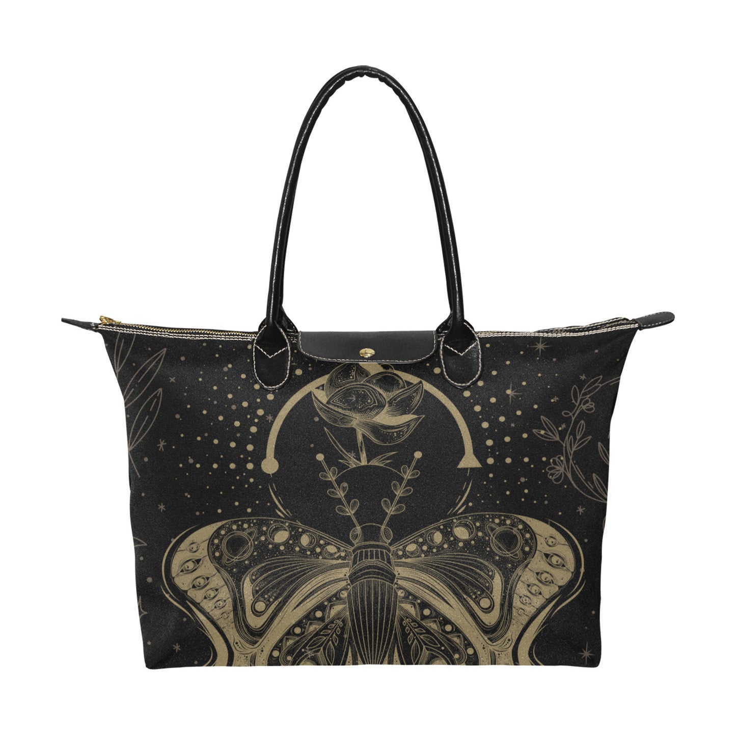 Mystical moon lotus moth fabric zip tote bag