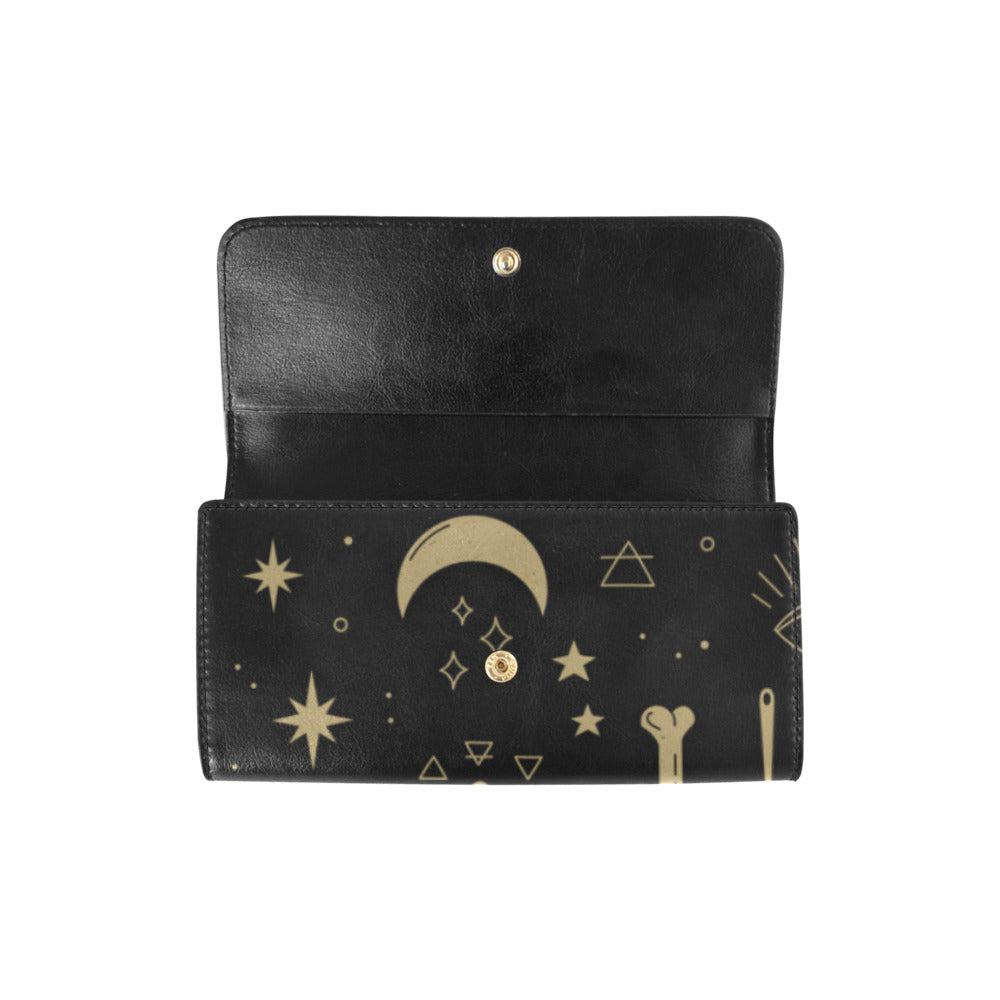 Mystical elements Gold Black Women's Trifold Long Clutch Wallet