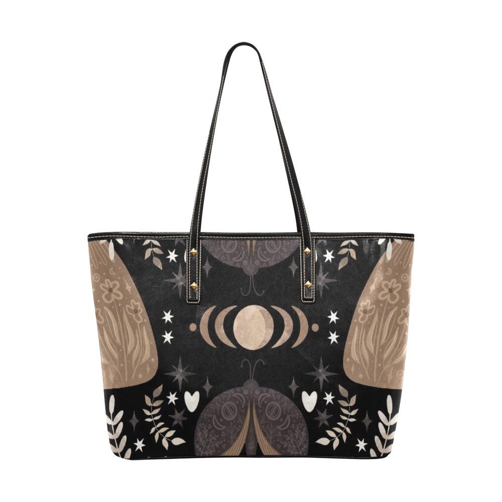 Boho Moon phase moth Forest Vegan Leather Zip top Tote Bag