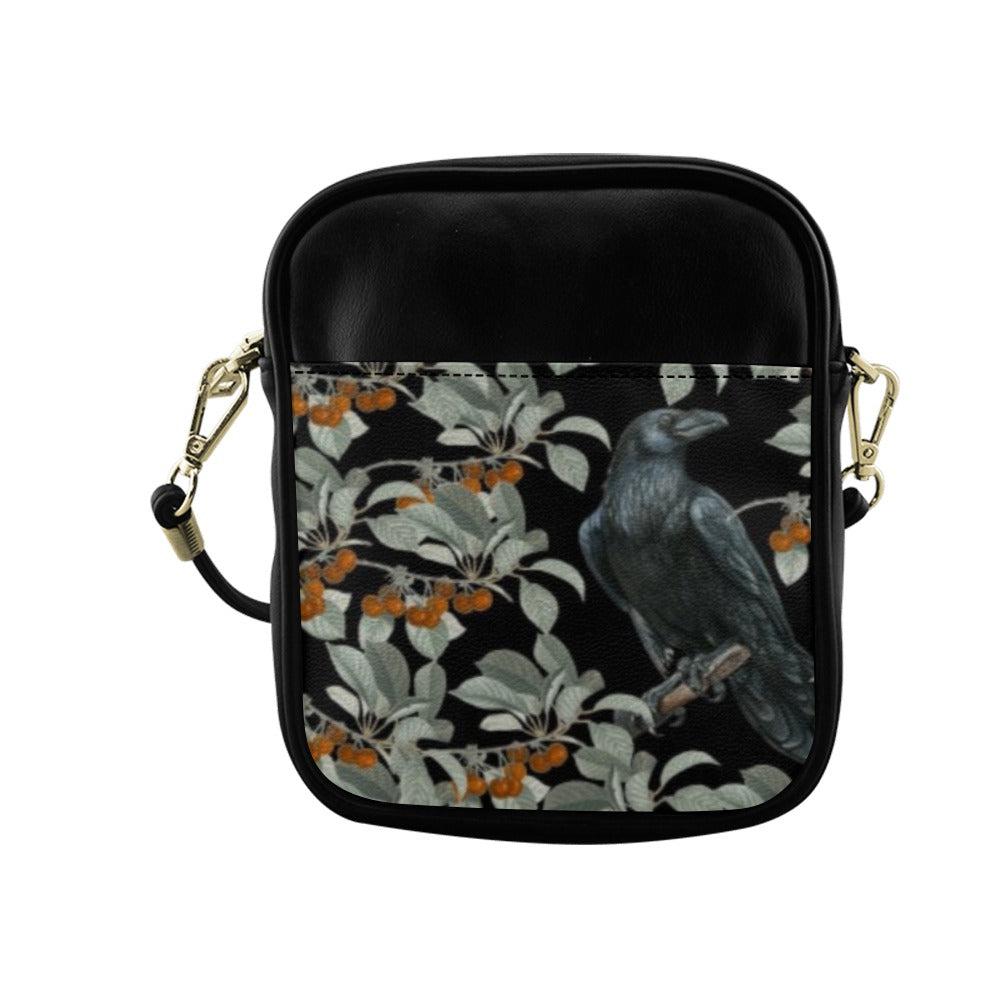 Crow in berry bush Vegan leather mini sling bag
