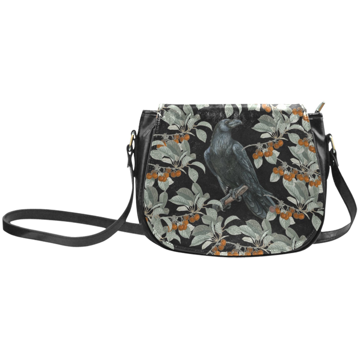 Crow in the berry bush Vegan Leather crossbody saddle bag