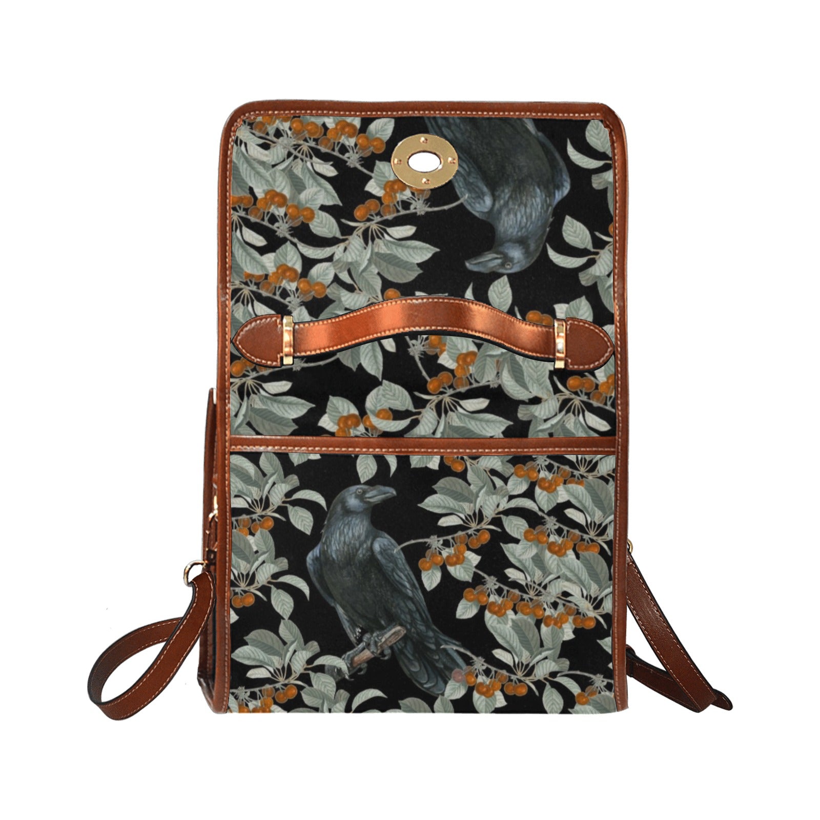 a boxy purse with Crow in the berry bush print on the Witchy Waterproof Canvas satchel Bag