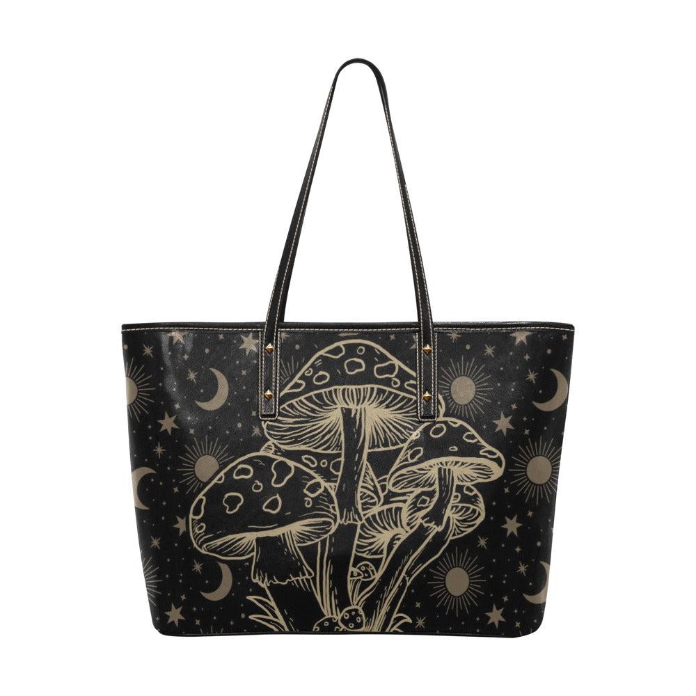 Celestial mushroom Vegan Leather zip top Tote Bag