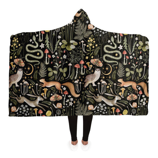 Dark Cottagecore Forest Animal Hooded Blanket, Green witch mushroom Fern festival shamanic cloak blanket, camping cozy sherpa blanket