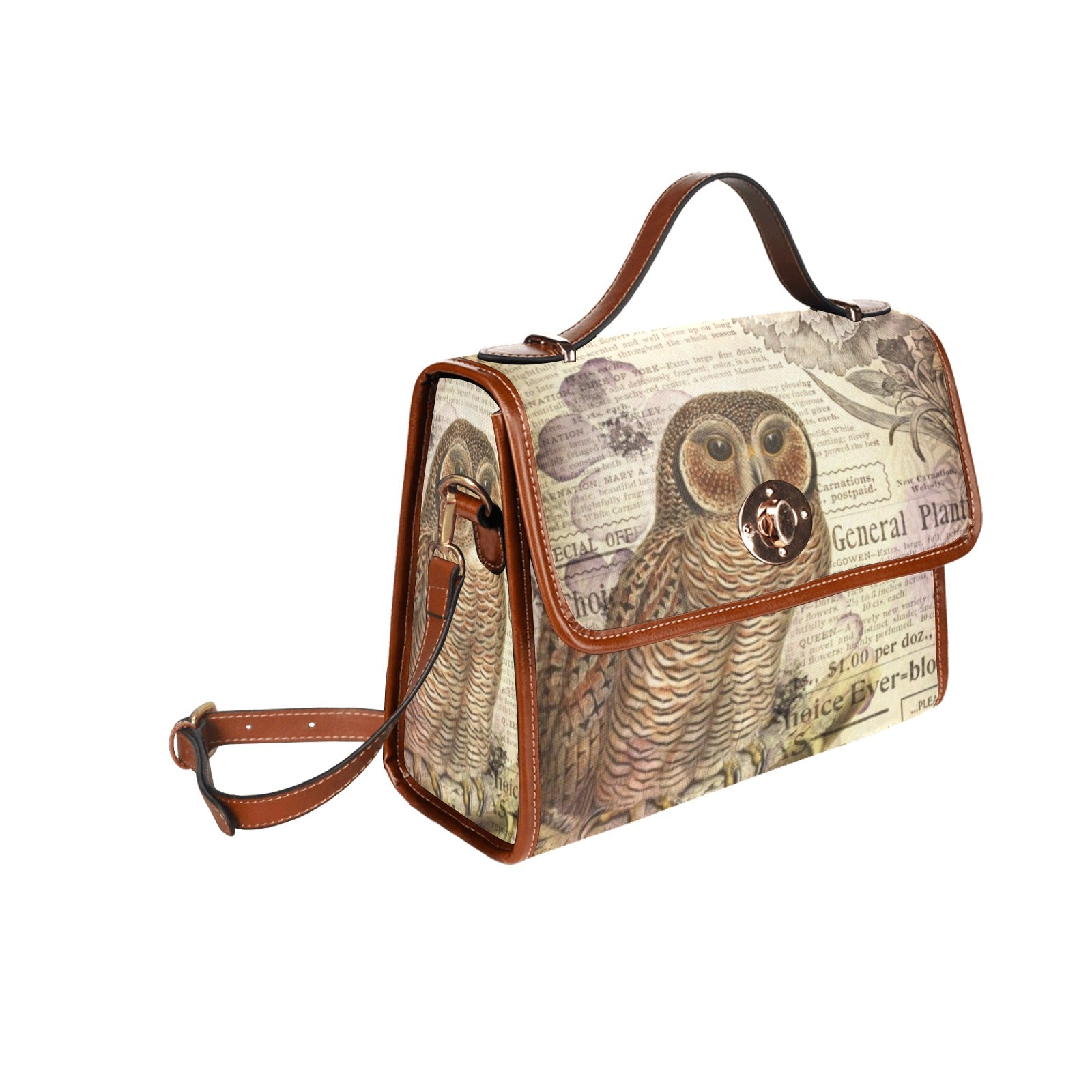 a junk journal style owl bird news print on a boxy canvas satchel bag by sense forest