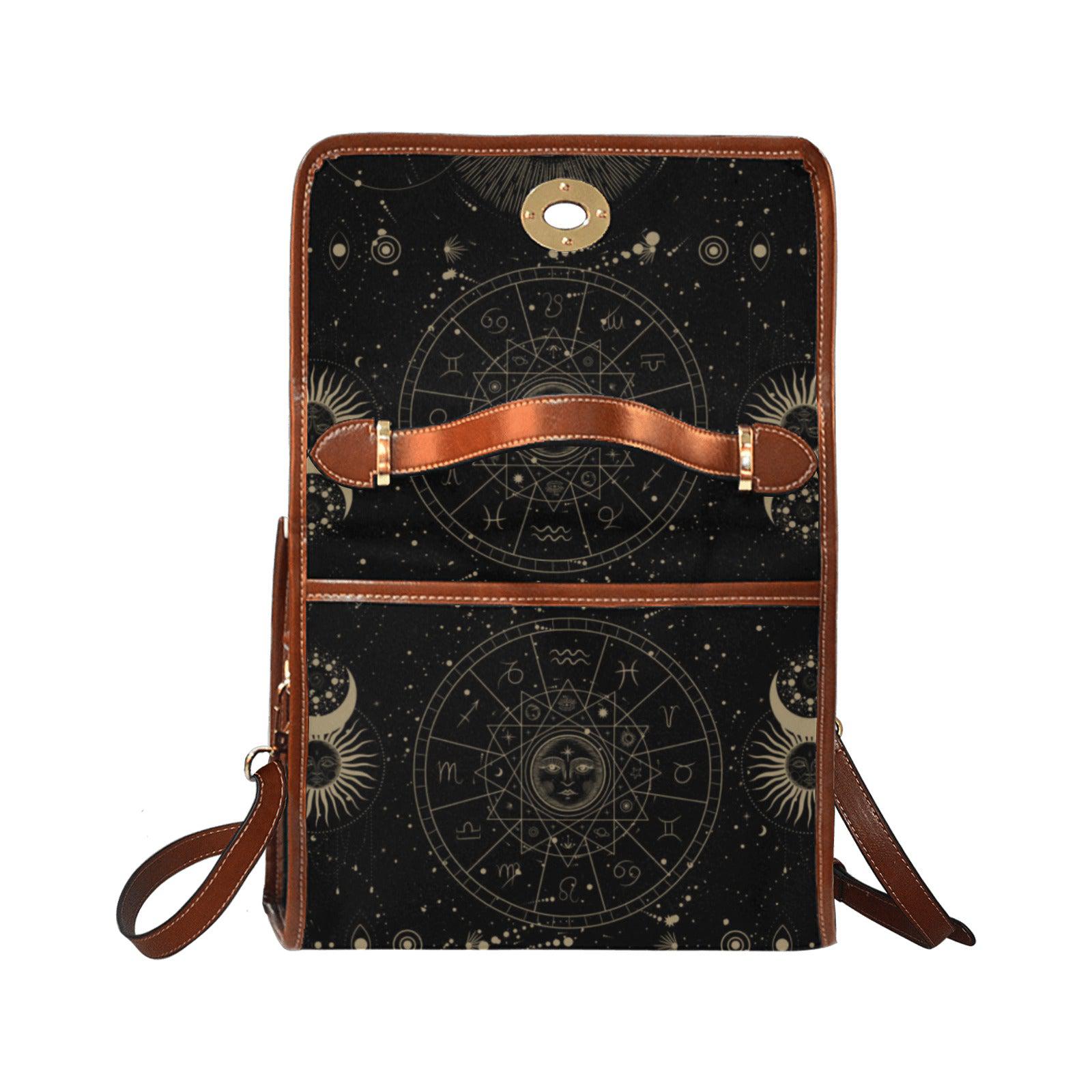 a boxy witchy purse, mystical element witch purse with brown trims canvas satchel bag