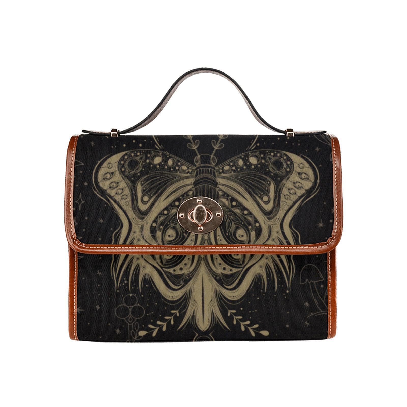 a boxy purse, black gold canvas moth print witchy boho satchel bag with brown trims