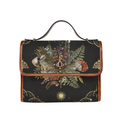 a mushroom fern forest dragonfly cottagecore witchy canvas satchel bag by sense forest