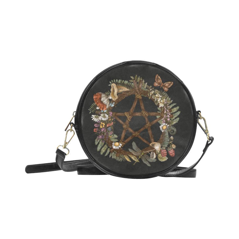 Green witch forest wreath occult pentagram Vegan leather round drum bag
