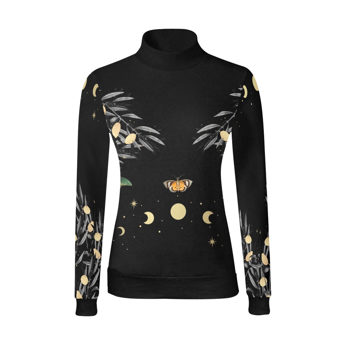 Olive Tree Butterfly Moon Phase Long Sleeves Witch Mock Neck Sweater