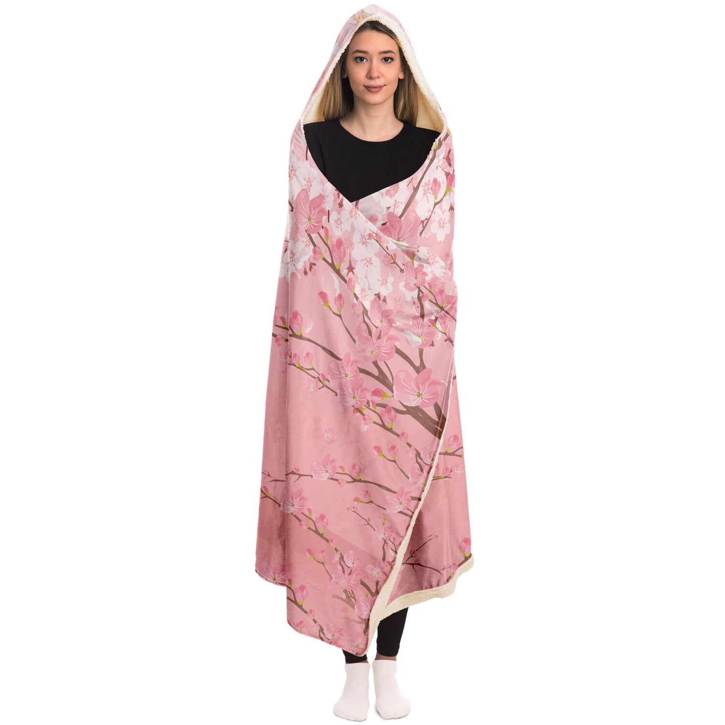 Kawaii Pink Mt Fuji Hooded Blanket, Cozy gamer lounge blanket, Japanese Cherry Blossom blanket with hood, Cute Anime Flannel Sherpa blanket