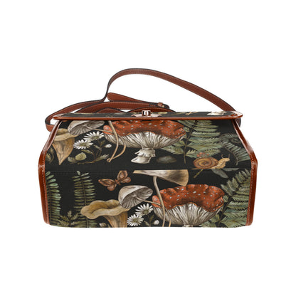 a boxy mushroom fern forest canvas satchel bag for mushroom forager, most popular satchel bag by sense forest