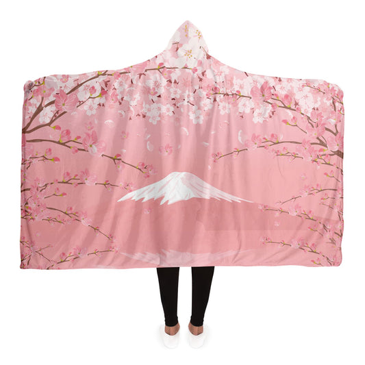 Kawaii Pink Mt Fuji Hooded Blanket, Cozy gamer lounge blanket, Japanese Cherry Blossom blanket with hood, Cute Anime Flannel Sherpa blanket