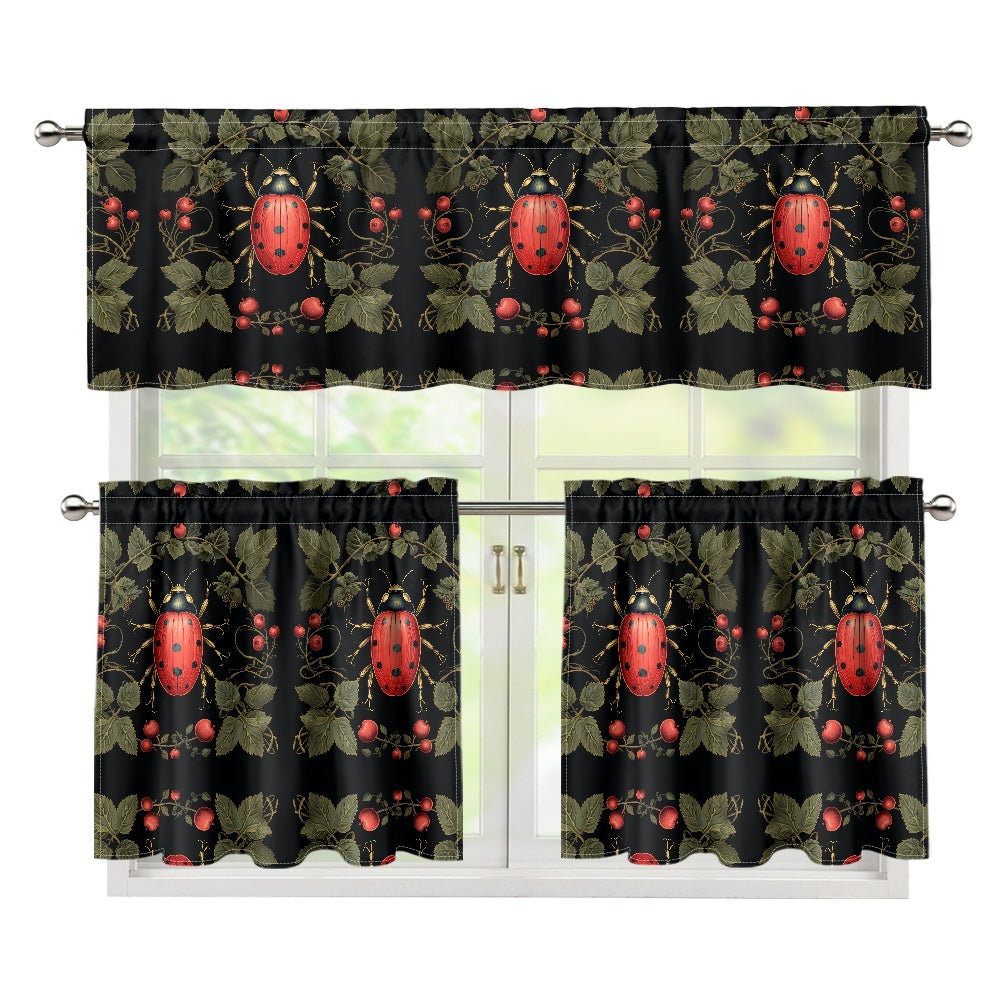 Cottagecore Ladybugs Kitchen Curtain Valance Tiers Set | Sense forest