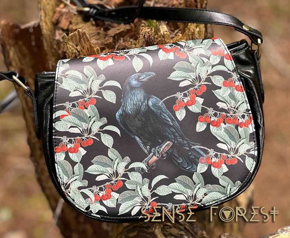 Crow in the berry bush Vegan Leather crossbody saddle bag