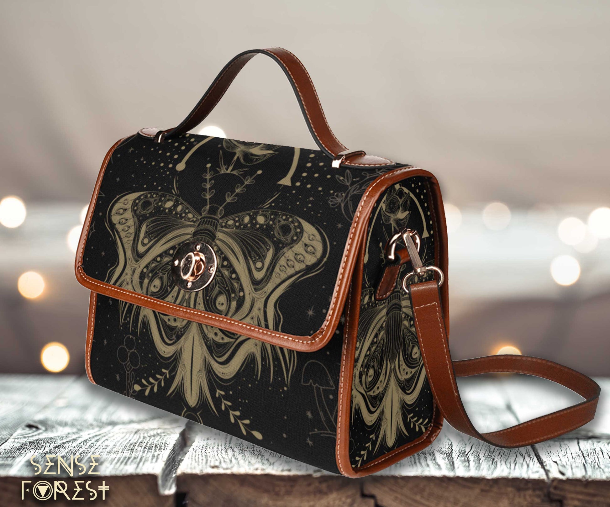 a boxy purse, black gold canvas moth print witchy boho satchel bag with brown trims
