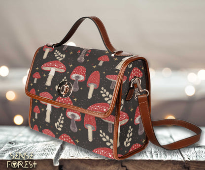 a witchy cottageore red mushroom boxy canvas satchel bag by sense forest