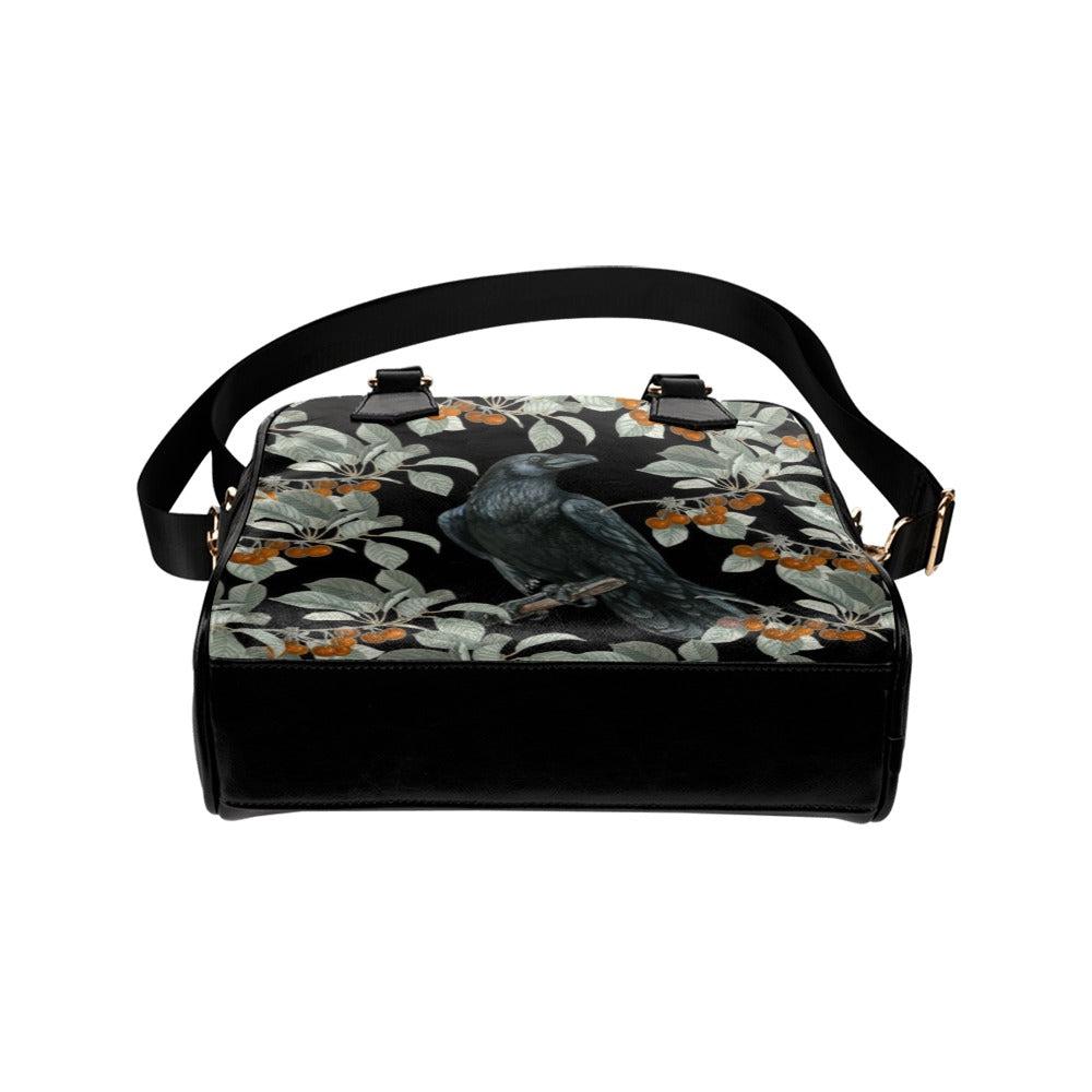A crow in a berry bush Vegan Leather bowler handbag with Shoulder strap - sense forest