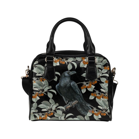 A crow in a berry bush Vegan Leather bowler handbag with Shoulder strap - sense forest