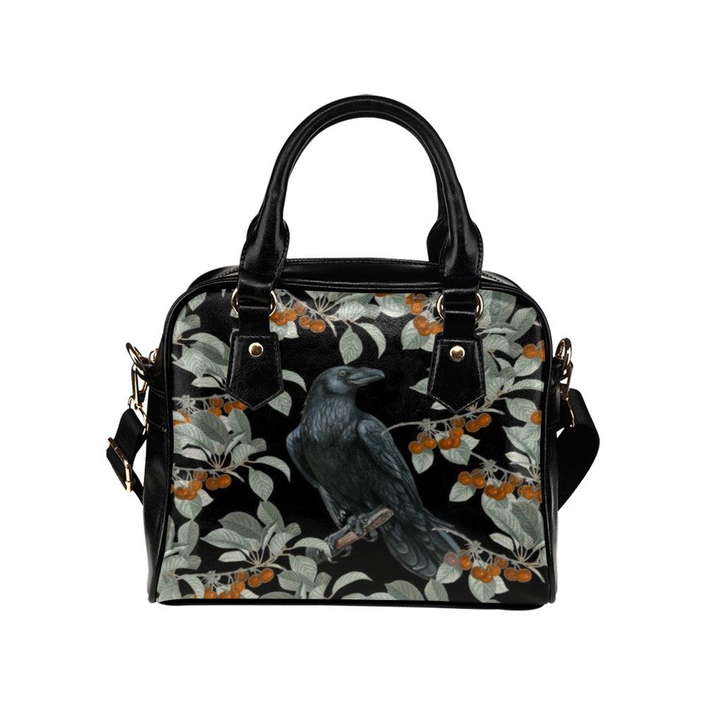 A crow in a berry bush Vegan Leather bowler handbag with Shoulder strap - sense forest