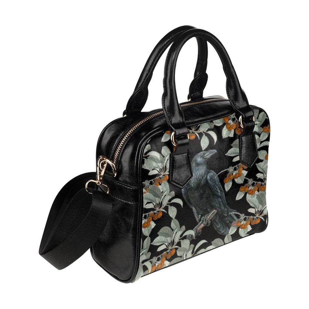 A crow in a berry bush Vegan Leather bowler handbag with Shoulder strap - sense forest