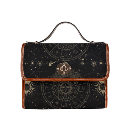 a boxy witchy purse, mystical element witch purse with brown trims canvas satchel bag