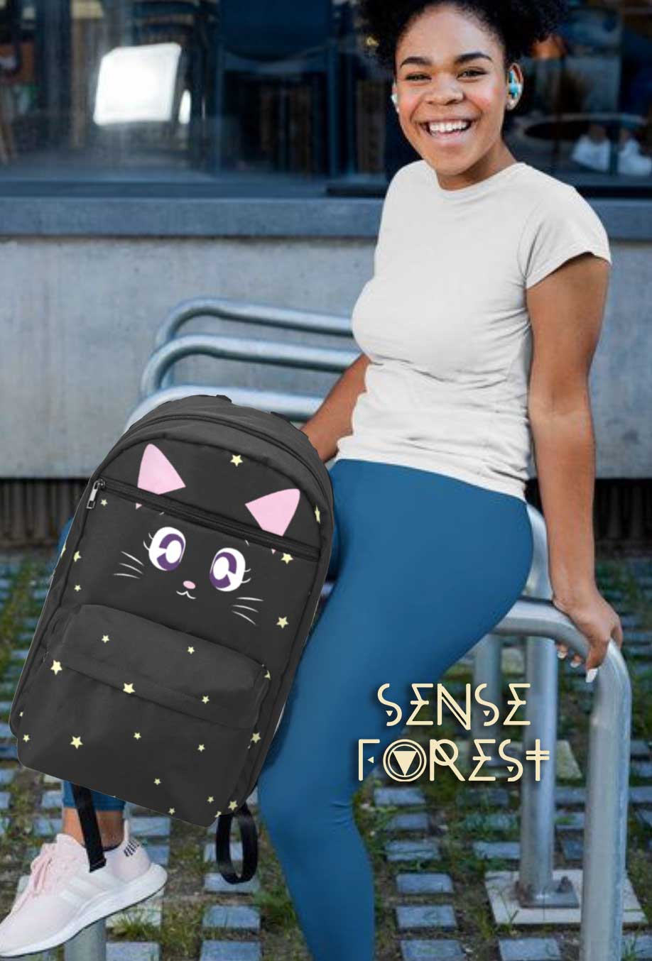high school girl with a Anime Black Cat backpack - sense forest