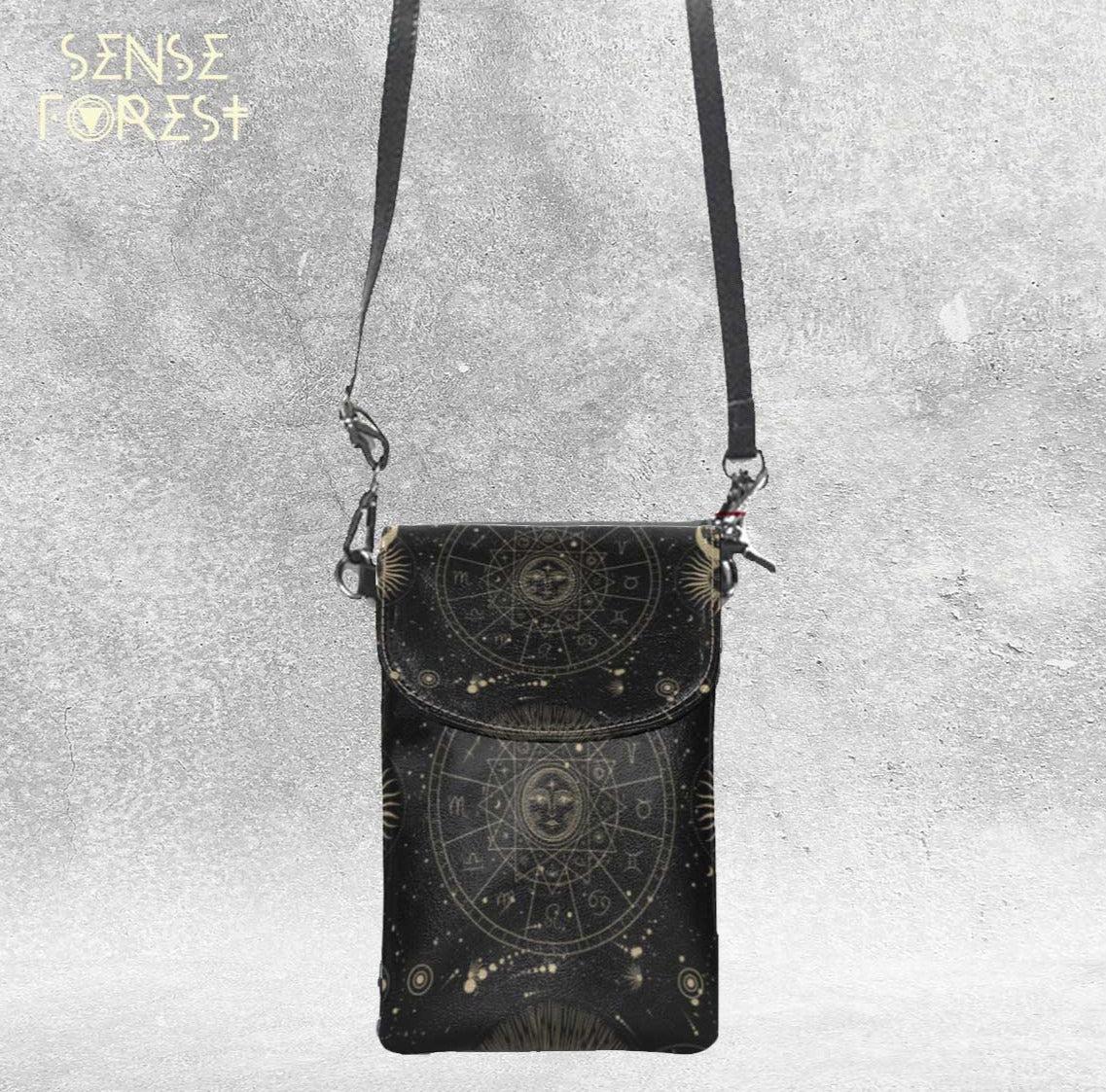 Astrology phone purse Vegan Leather mini crossbody sling bag - sense forest
