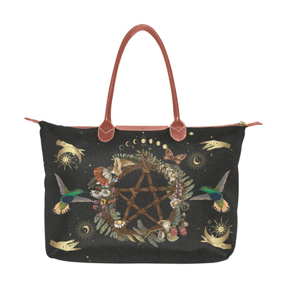 Witchcraft Pentagram brown vegan leather handles Classic fabric zip tote