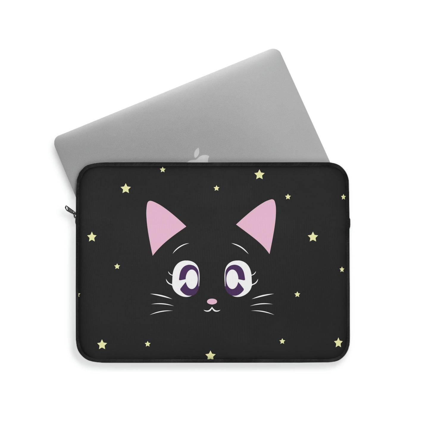 Cute Japanese anime black luna cat laptop sleeve, 12"13"15" laptop case, moon cat macbook sleeve cover, trendy laptop bag accessories