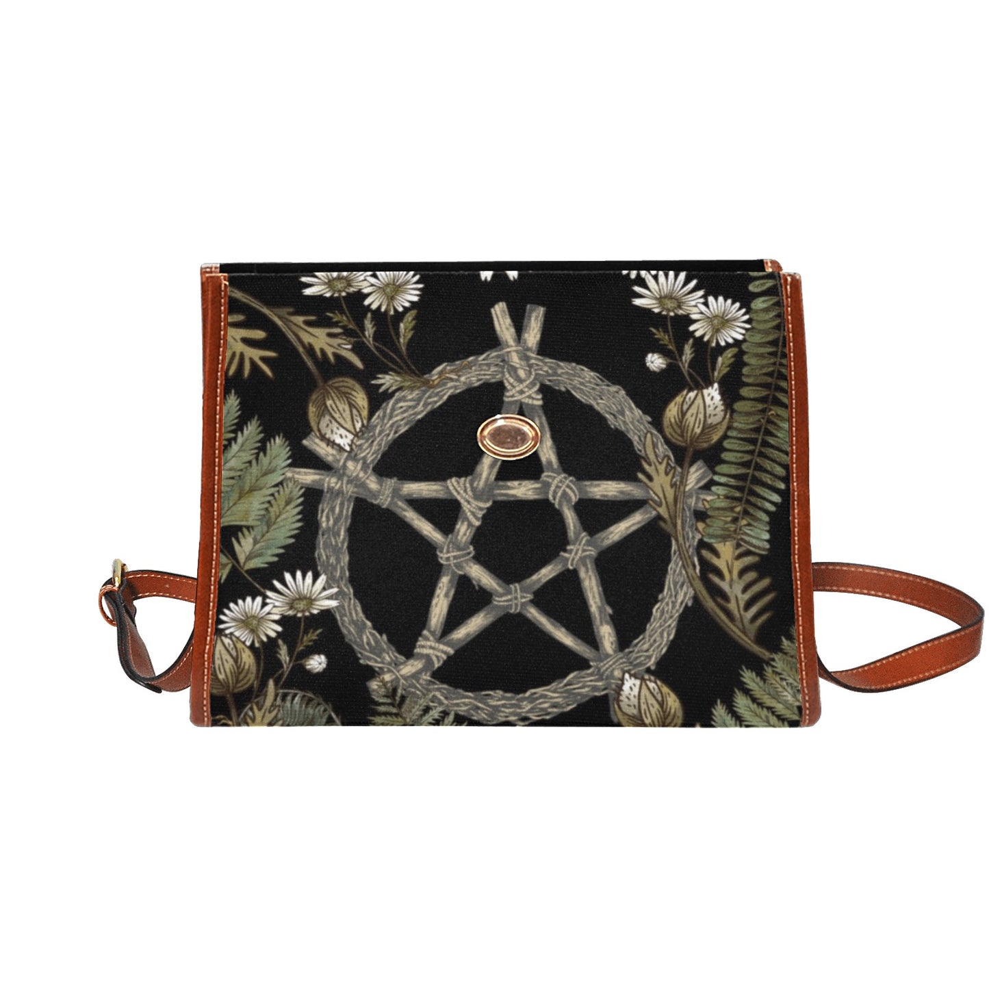 a boxy Daisy Forest Pentagram Witchy canvas satchel bag cottagecore purse by sense forest
