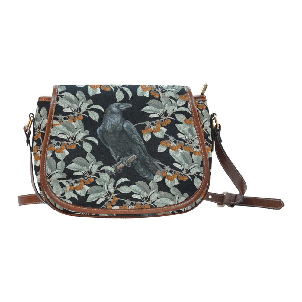 Cottagecore Cherry Bush Crow Canvas Saddle Bag | Sense Forest