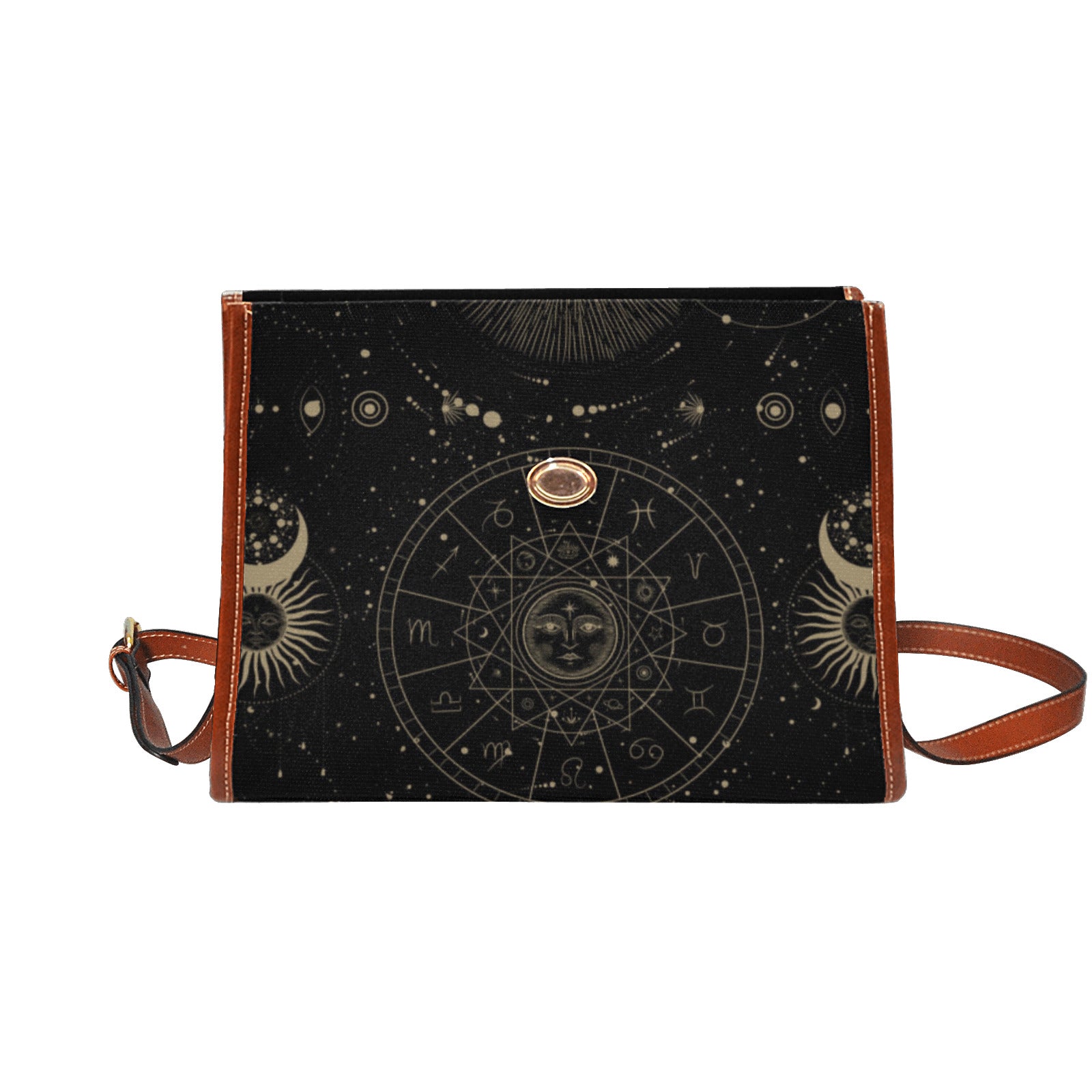 a boxy witchy purse, mystical element witch purse with brown trims canvas satchel bag