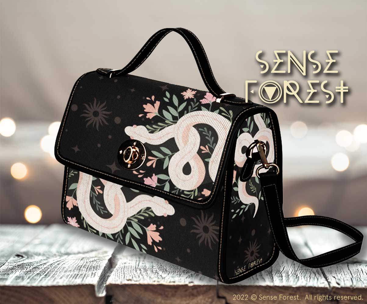 BLACK BOHO SNAKE CANVAS SATCHEL BAG - sense forest