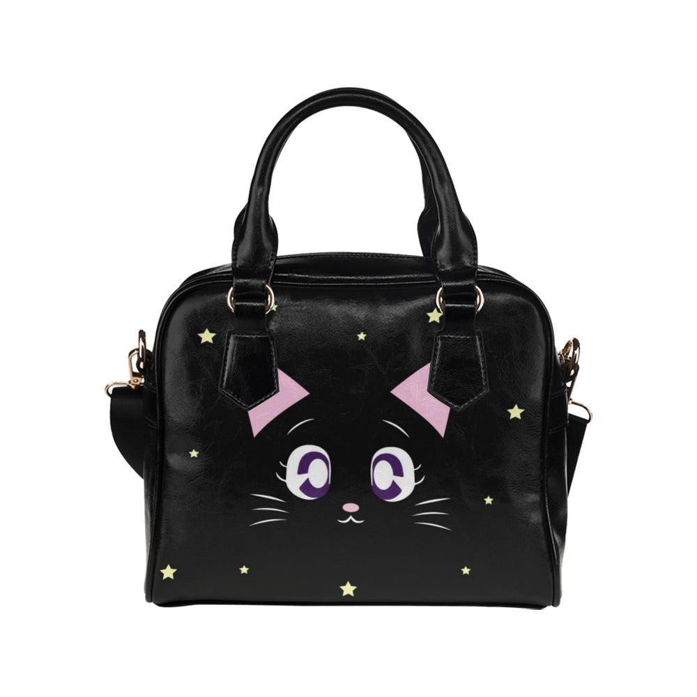 Black cat Vegan leather bowler handbag Shoulder Handbag with strap - sense forest
