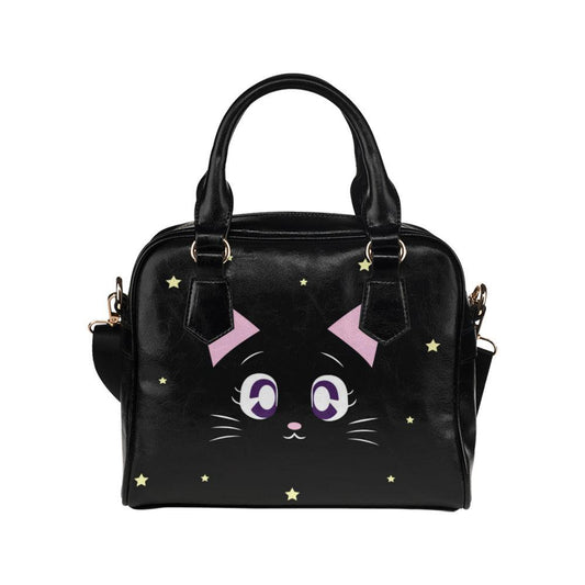 Black cat Vegan leather bowler handbag Shoulder Handbag with strap - sense forest